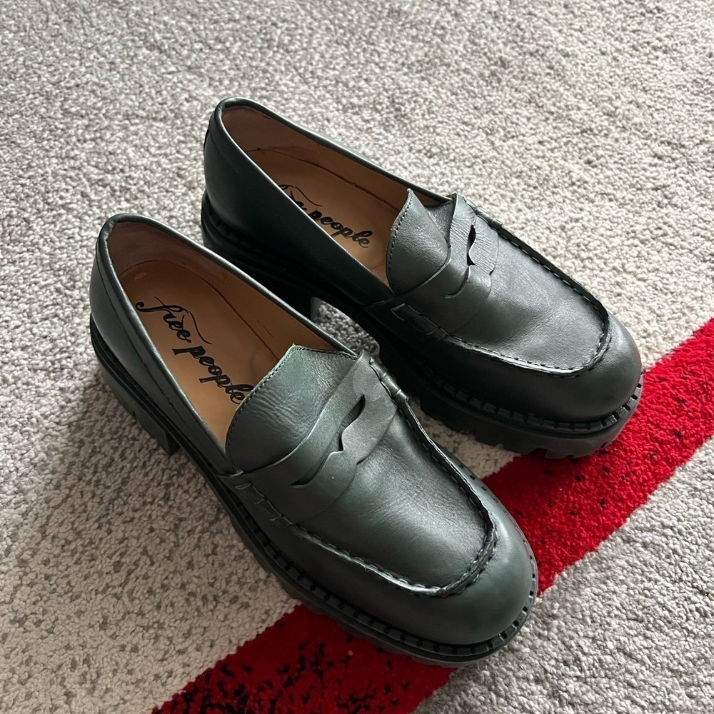 Free People Green Leather Upper Heeled Loafers